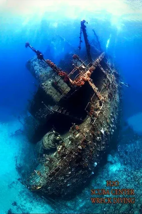 Sunken shipwreck on the ocean floor, surrounded by blue water and coral