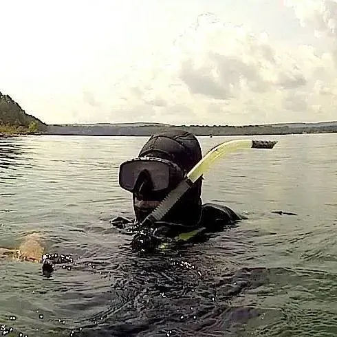 Snorkeler in black gear floating in calm water near a rocky shoreline at sunset