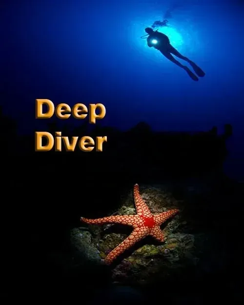 Deep Diver text over a blue underwater scene with a silhouetted diver and a starfish on the seabed