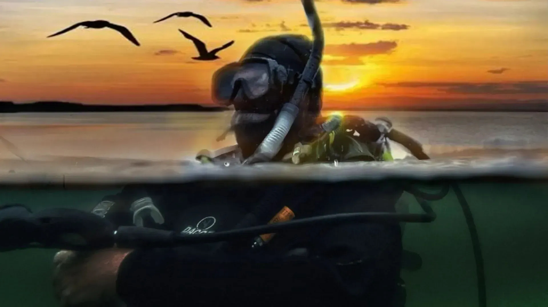 Scuba diver underwater at sunset, with birds flying above the ocean surface.