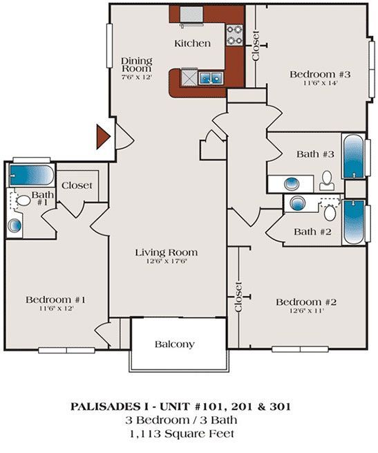 A floor plan for palisades 1 unit 101 201 & 301