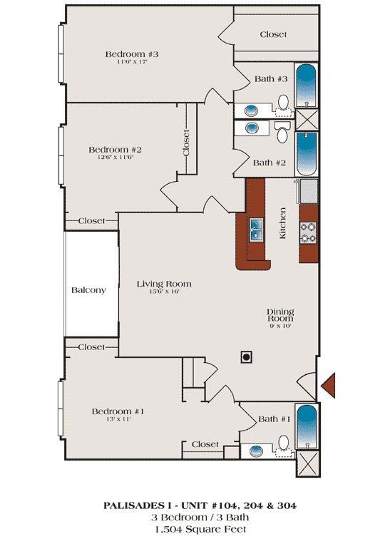 A floor plan of a house with three bedrooms and a bathroom