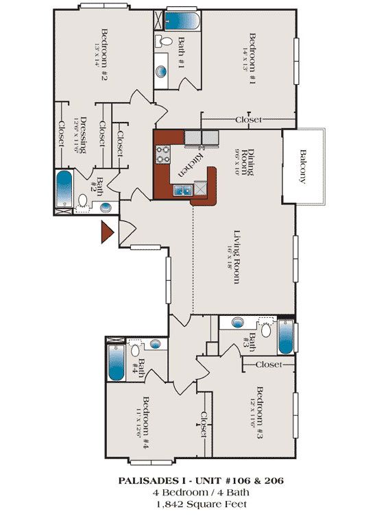 A floor plan of a 3 bedroom apartment with a balcony