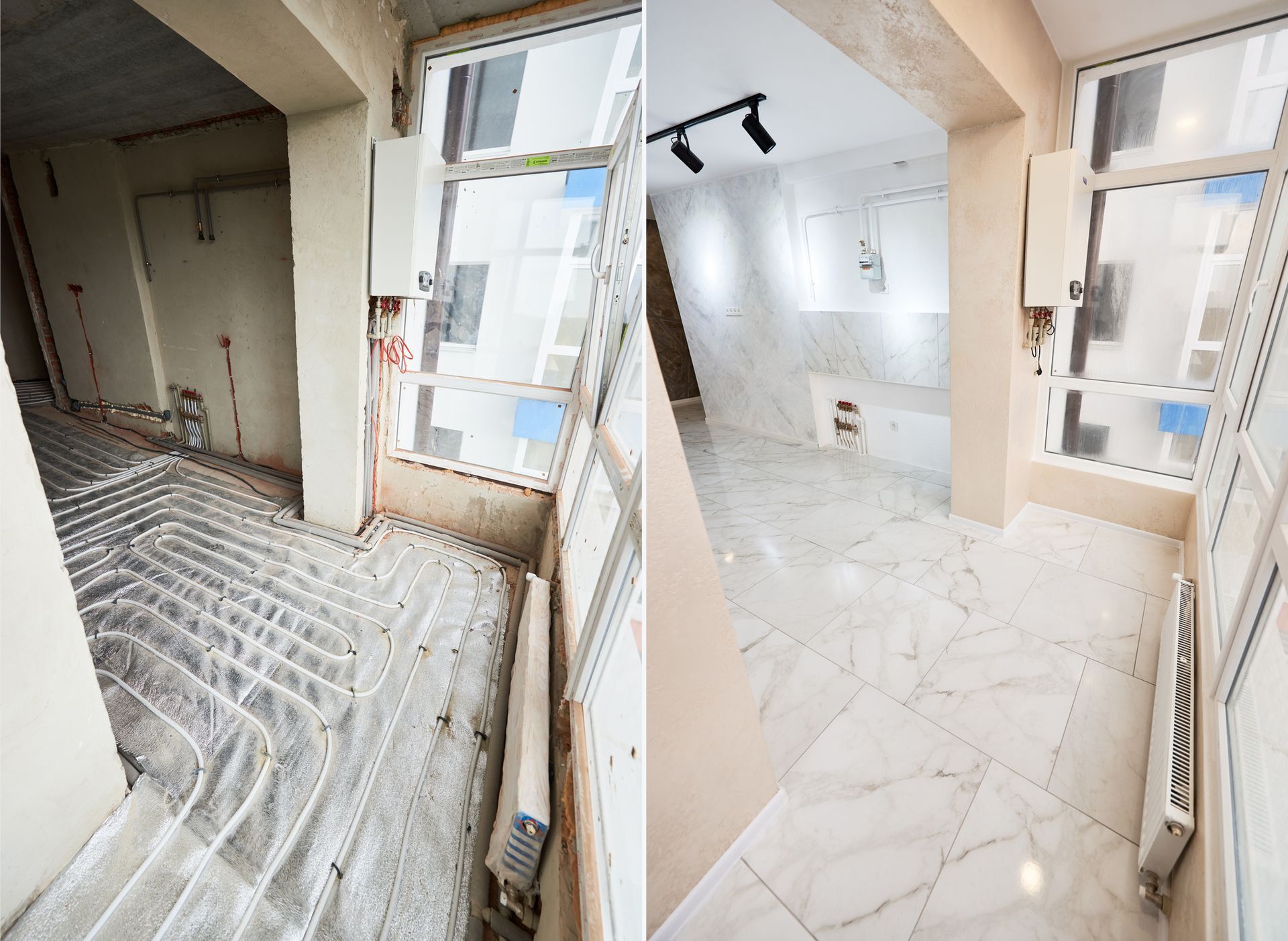 Before-and-after of a small room undergoing renovation; showing new flooring, light walls, and window, next to the unfinished room.