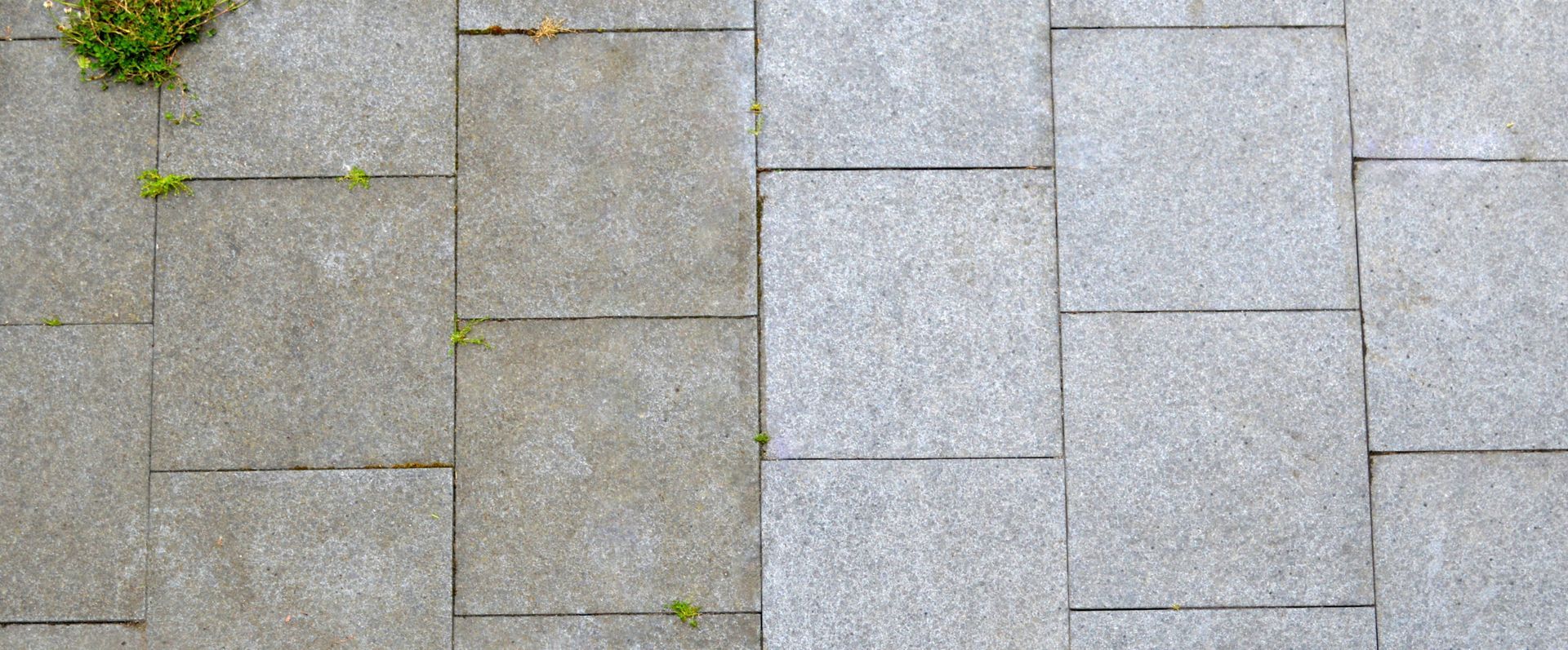 Stone pavers, half cleaned, showing the difference between dirty and clean.