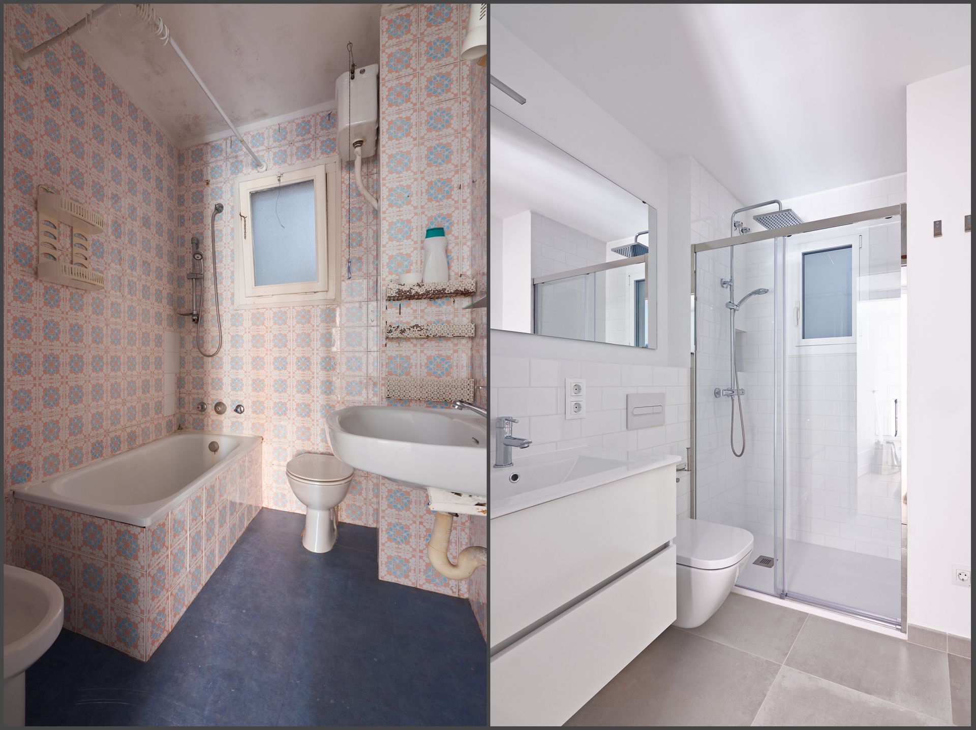 Bathroom renovation before and after. Old bathroom: patterned tile, bathtub, and dark floor. New: modern white, shower, and light tile.