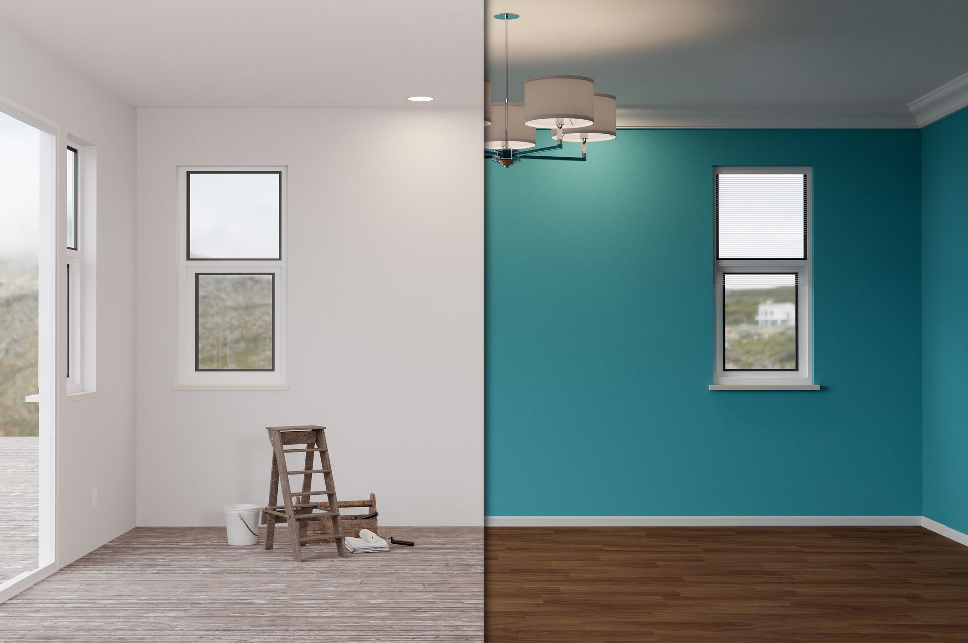 Room half-painted white, half-painted teal; painting supplies on the white side.