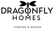 Dragonfly Homes logo with black dragonfly icon and “Staging & Design” text on white background
