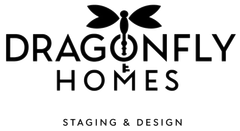 Dragonfly Homes logo with black dragonfly icon and “Staging & Design” text on white background