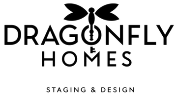 Dragonfly Homes logo with black dragonfly icon and “Staging & Design” text on white background