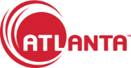ATLANTA logo in red with a circular swoosh emblem on a white background