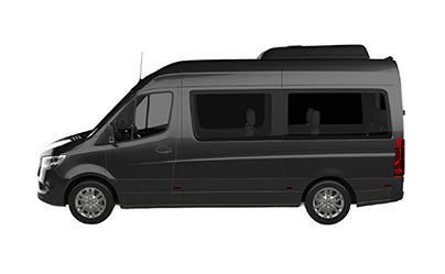 Black side-view cargo van with tinted windows and a raised roof on a white background