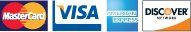 Logos for Mastercard, Visa, American Express, and Discover credit cards.