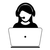 A minimalist black-and-white icon of a person wearing a headset and working at a laptop computer.