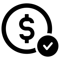 A black dollar sign inside a circle with a small checkmark icon in the bottom right corner.