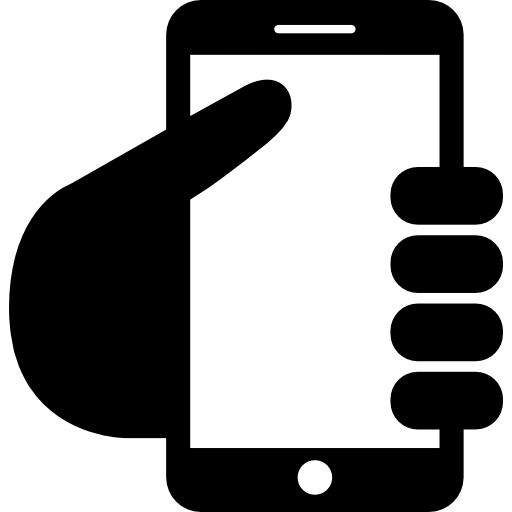 A black icon of a hand holding a smartphone vertically.