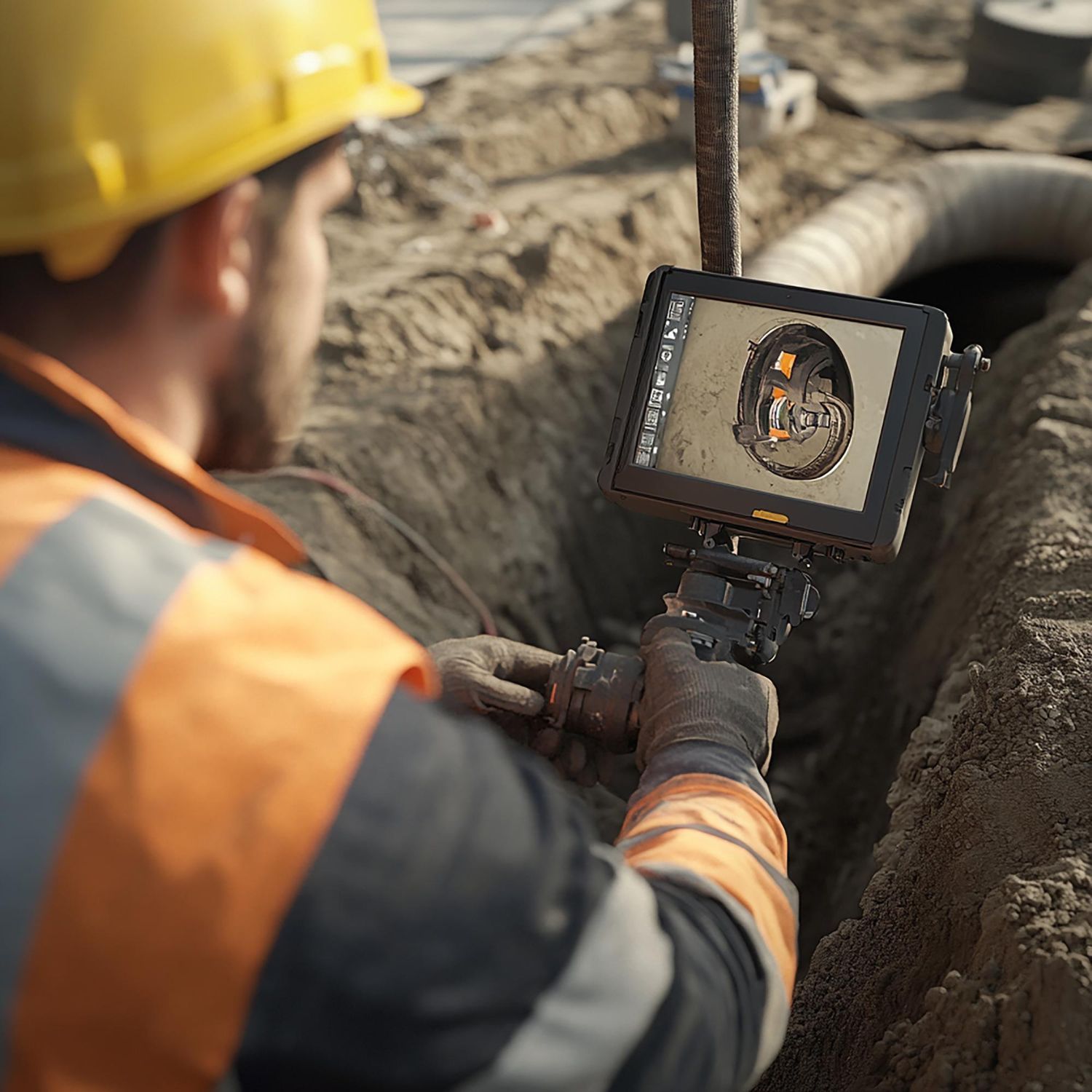 a plumber is using a meter to find a water leak.