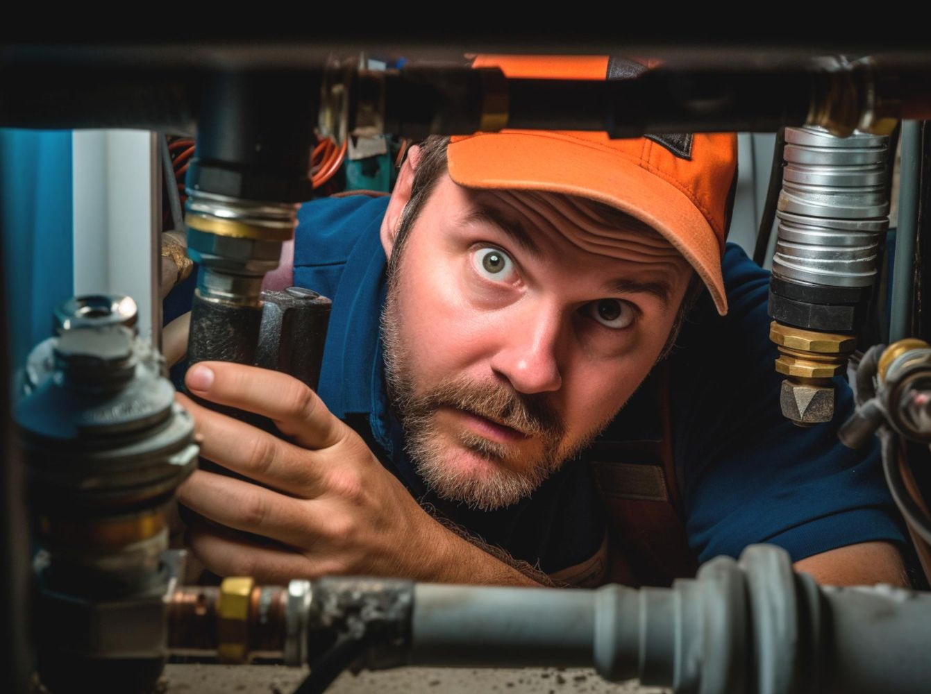 Leaking plumbing pipe with a wrench held in a gloved hand.