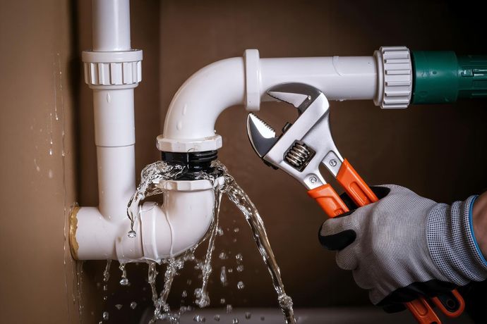 Leaking plumbing pipe with a wrench held in a gloved hand.