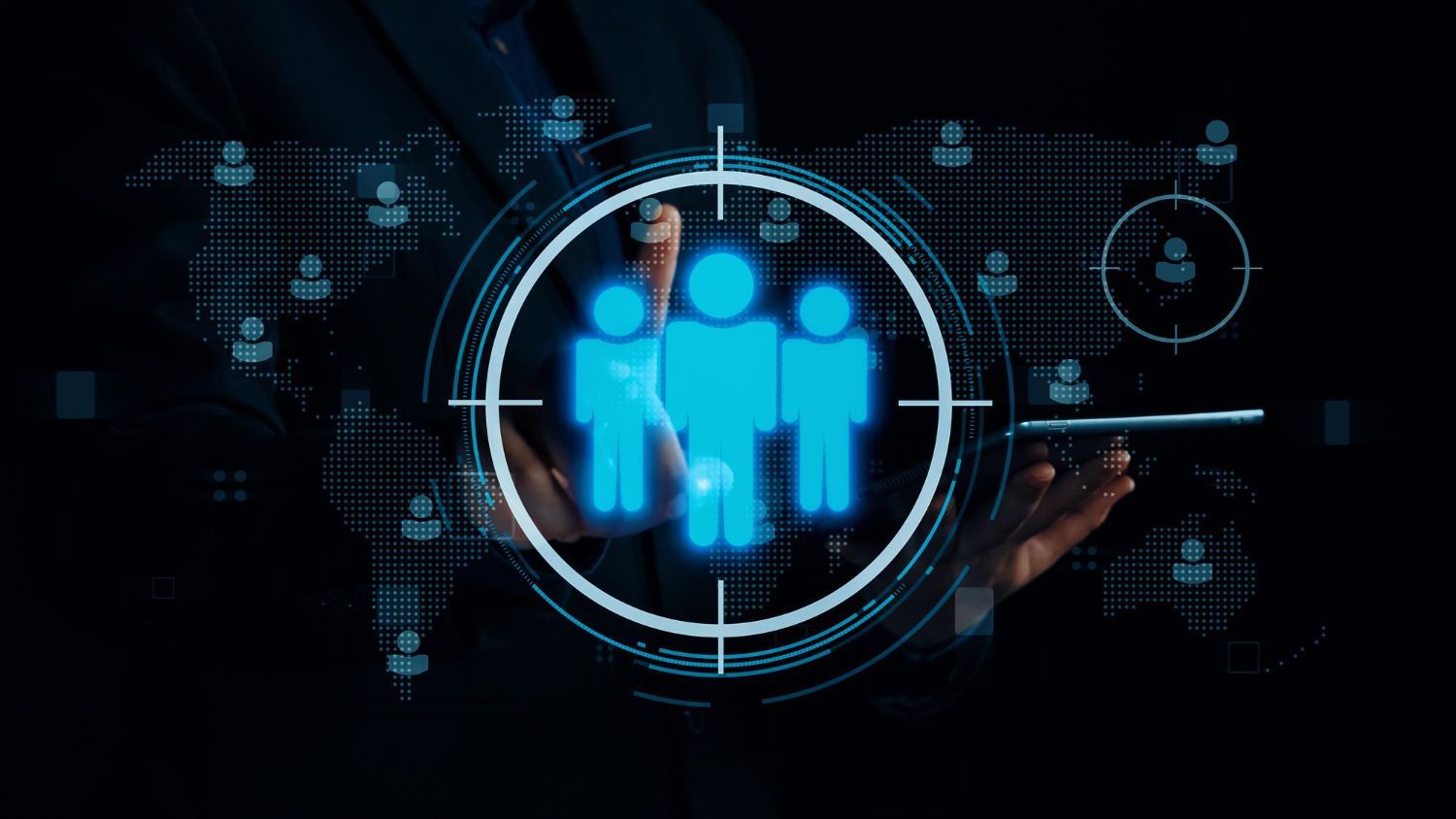 Person in a suit interacting with a digital interface, targeting a group of people icons within a world map.