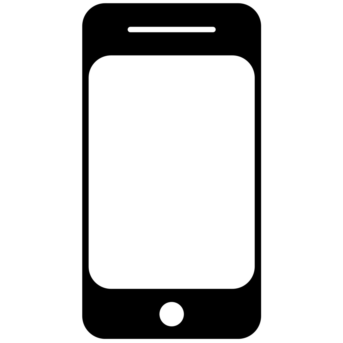 Black icon of a smartphone with a blank screen, a speaker slit at the top, and a circular home button at the bottom.