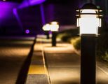 Lit walkway with black lamp posts and purple lighting at night
