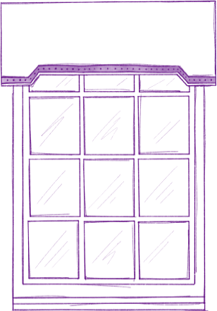 Window with nine panes, topped by a purple valance with decorative trim.