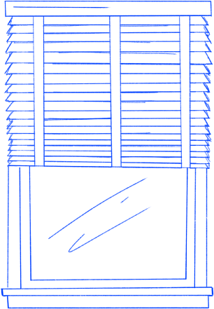 Window with closed blinds and a glass pane, drawn in blue lines.