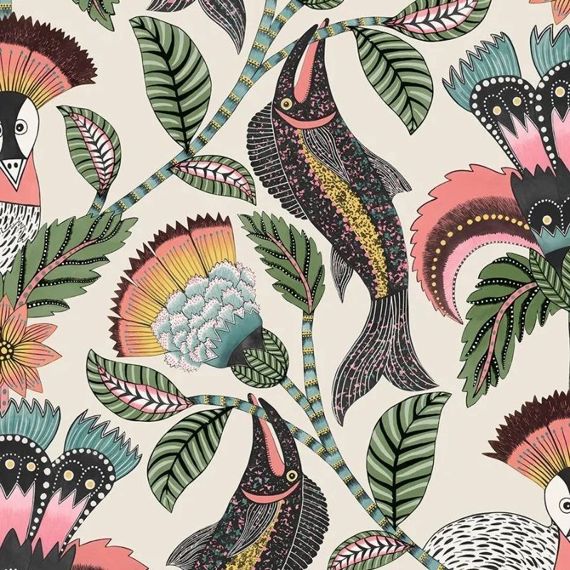 Floral patterned wallpaper with fish, flowers, and leaves.