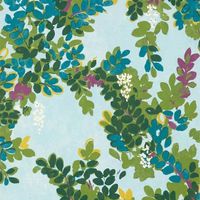 Overlapping leaves and flowers in teal, green, purple, and white against a light blue background.