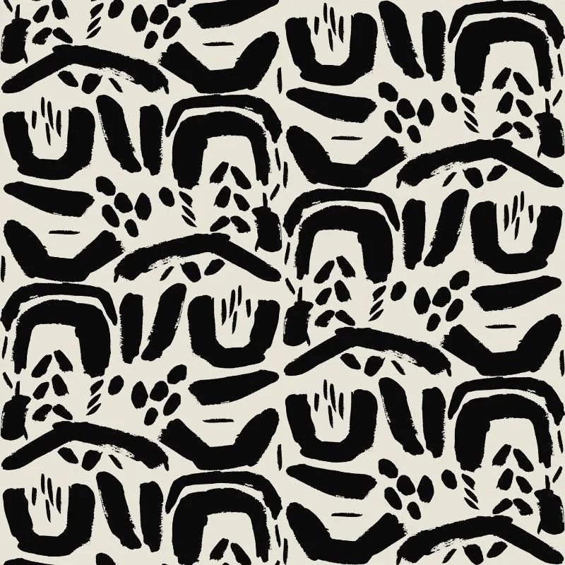 Abstract black and white pattern with arch-shaped brushstrokes, small dots, and vertical lines, on a cream background.