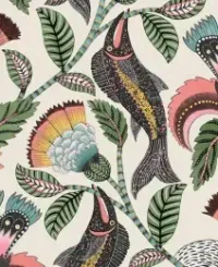 Floral pattern with stylized fish and flowers in pink, teal, and green on beige background.