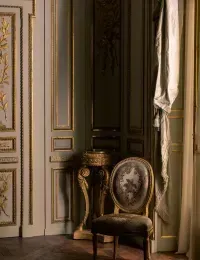 Ornate interior with gilded accents, carved doors, a chair, and a window with draped curtains.