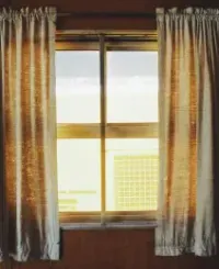 Window with sheer, beige curtains, sunlight shining through. Brown wooden wall.