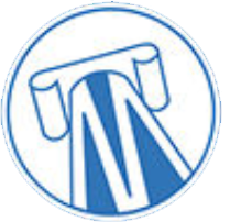 Blue stylized clothing logo inside a circle on a white background