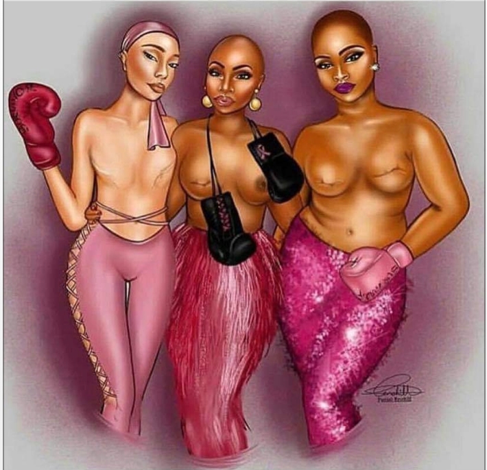 Three bald women in pink boxing gear, embracing; symbolizing breast cancer awareness.