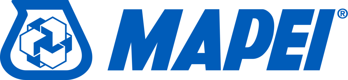 Logo di Mapei, azienda produttrice di materiali da costruzione, testo e simbolo blu.