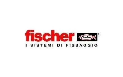 Logo Fischer con testo rosso e simbolo del pesce. Testo 