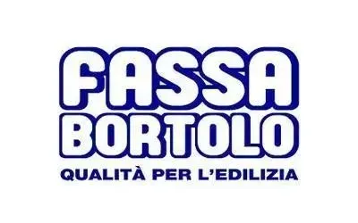 Logo for Fassa Bortolo, featuring the name in white outlined blue, with text 