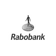Een zwart-wit logo voor de rabobank met een man staand op een munt.