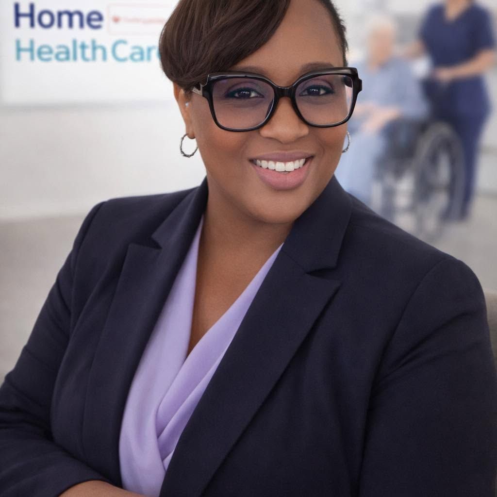 Smiling healthcare professional in dark blazer and lavender top, with eyeglasses, in a home health care setting