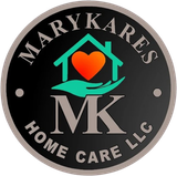 MaryKares Home Care LLC logo with heart in a house, hand, and MK initials on a black circle