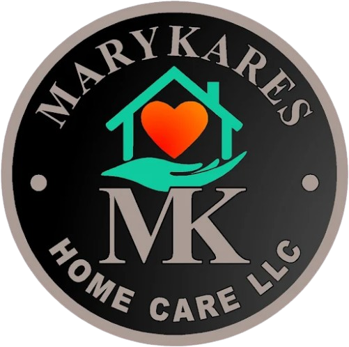 MaryKares Home Care LLC logo with heart in a house, hand, and MK initials on a black circle