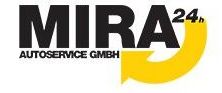 Ein Logo der Mira 24 Autoservice GmbH mit einem gelben Pfeil.