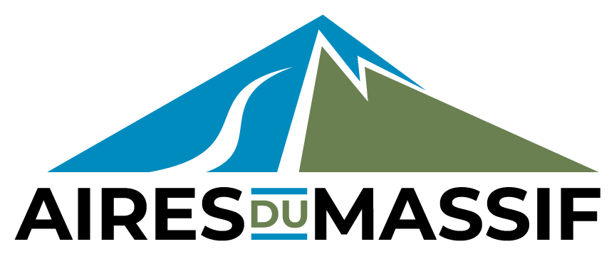 Logo représentant une montagne bleue et verte avec les mots « AIRES DU MASSIF ».