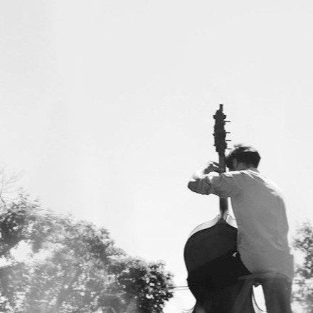 Un homme joue de la contrebasse en plein air par une journée ensoleillée. Noir et blanc.