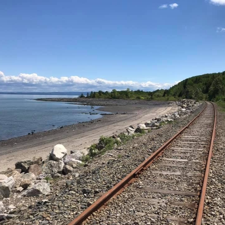 La voie ferrée longe une plage rocheuse, au bord de l'eau sous un ciel bleu.