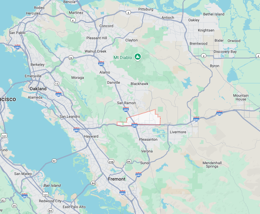 Map of the San Francisco Bay Area, highlighting the city of Livermore and surrounding regions.