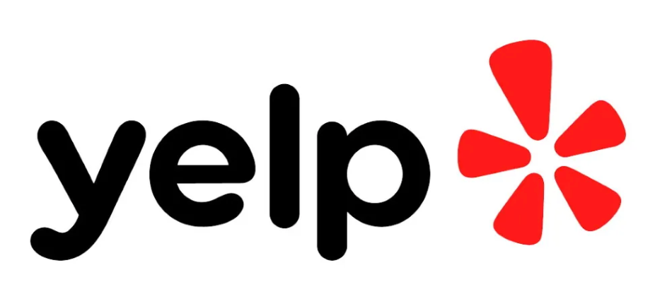 Yelp logo: Black text with a red starburst icon.