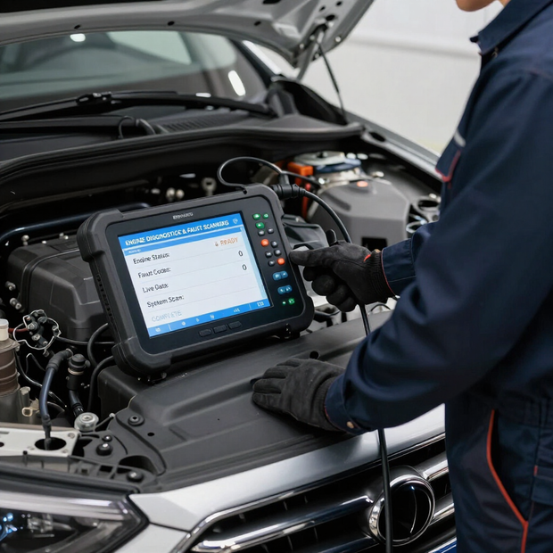 Mechanic using a diagnostic tablet on a car engine in a garage, with the hood open.
